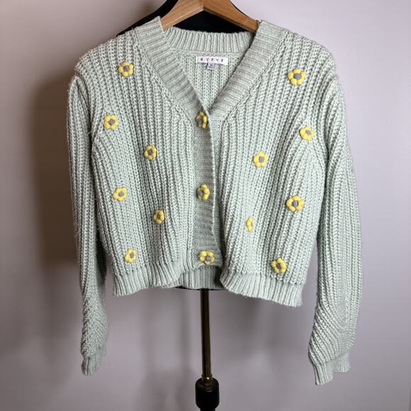 Hyfve Romantic Floral Cardigan Chunky Cropped Sweater Size M Grannycore Seafoam - Picture 7 of 10